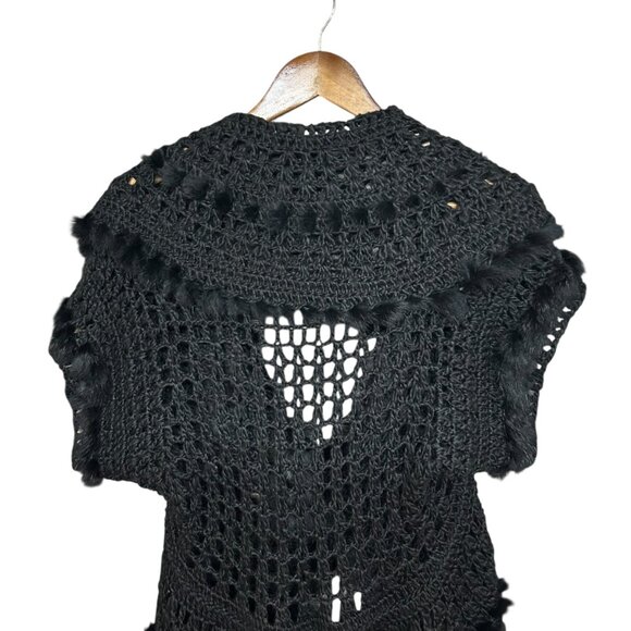 Linea Domani Black Crochet Tie Front Rabbit Fur Bohemian Cardigan Size M - Picture 8 of 12
